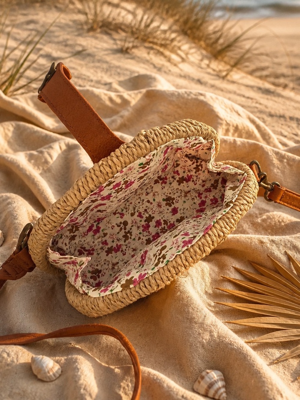 NEW Woven Straw Crossbody Bag with Tan Leather Trim - Picture 2 of 4